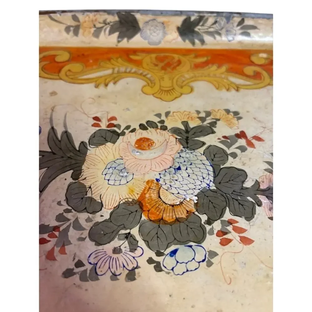 Vintage Japanese Paper Mache Tray 10x14 Floral Gold Orange A.L. Inc NY Decor